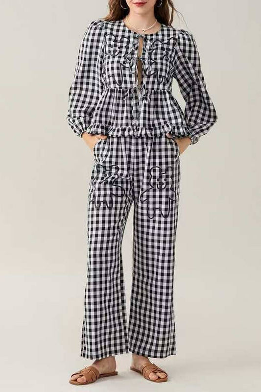 CWSTB1950_CHECK BEAR PRINT LONG SLEEVE TROUSERS SET