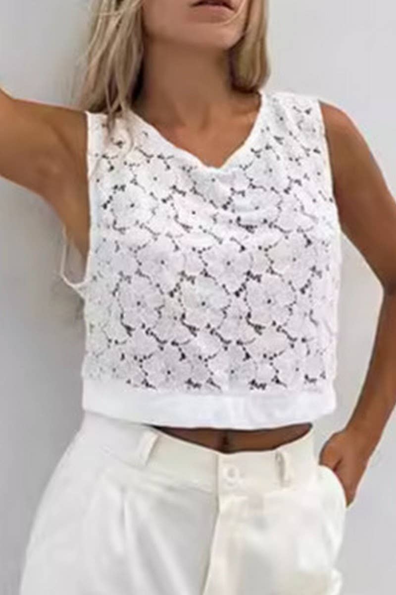 CWTBLSL01014_SOLID COLOR LACE HOLLOW JACQUARD SHORT VEST