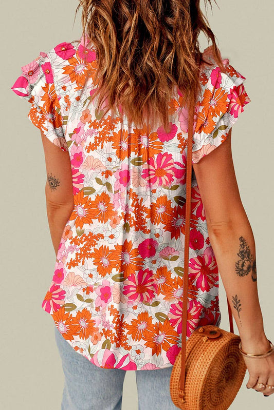 Floral print split V-neck chiffon lotus sleeves