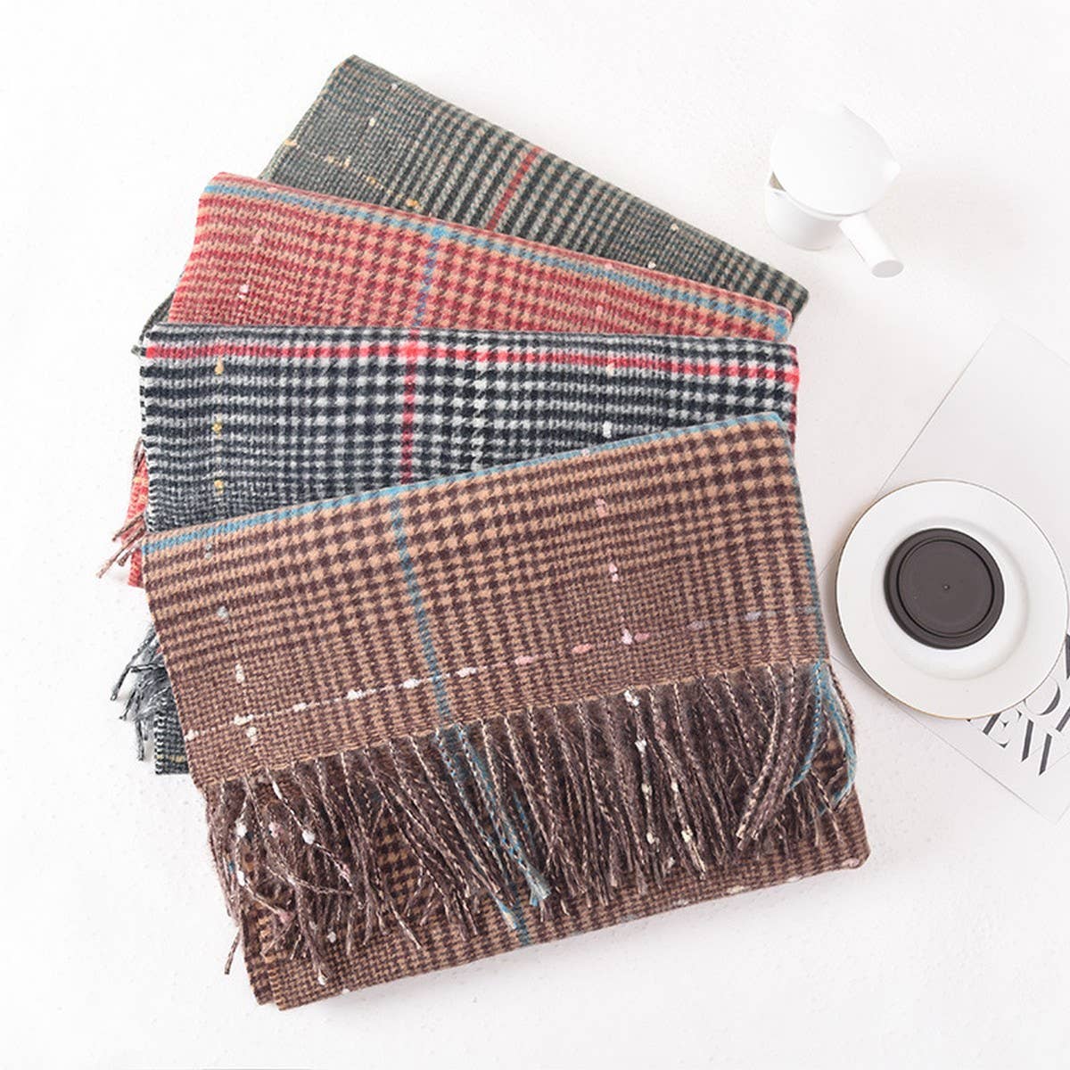 WOMEN COLOR MATCHING PLAID TASSEL WARM SCARF