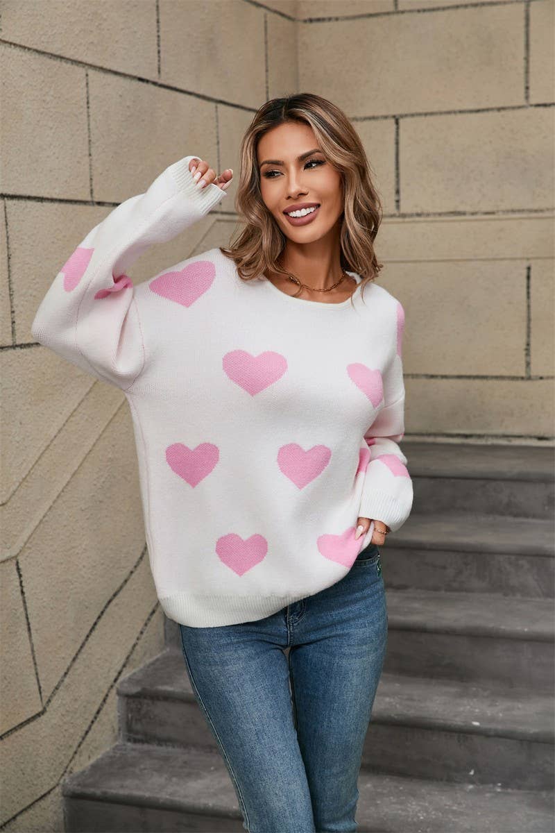 CWOSWL5780_VALENTINE'S DAY ROUND NECK CONTRAST COLOR SWEATER