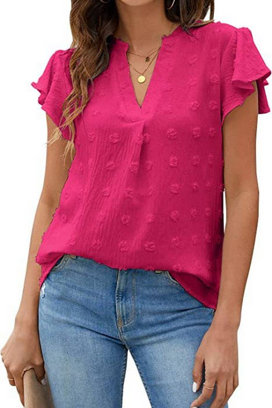CWTBLS0606_V-NECK RUFFLED SLEEVE CHIFFON SHORT-SLEEVED TOP