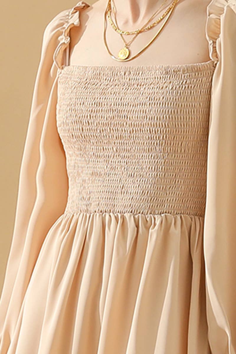 CWDSD10342_RUFFLE HIGH WAIST LONG SLEEVE CASUAL DRESS