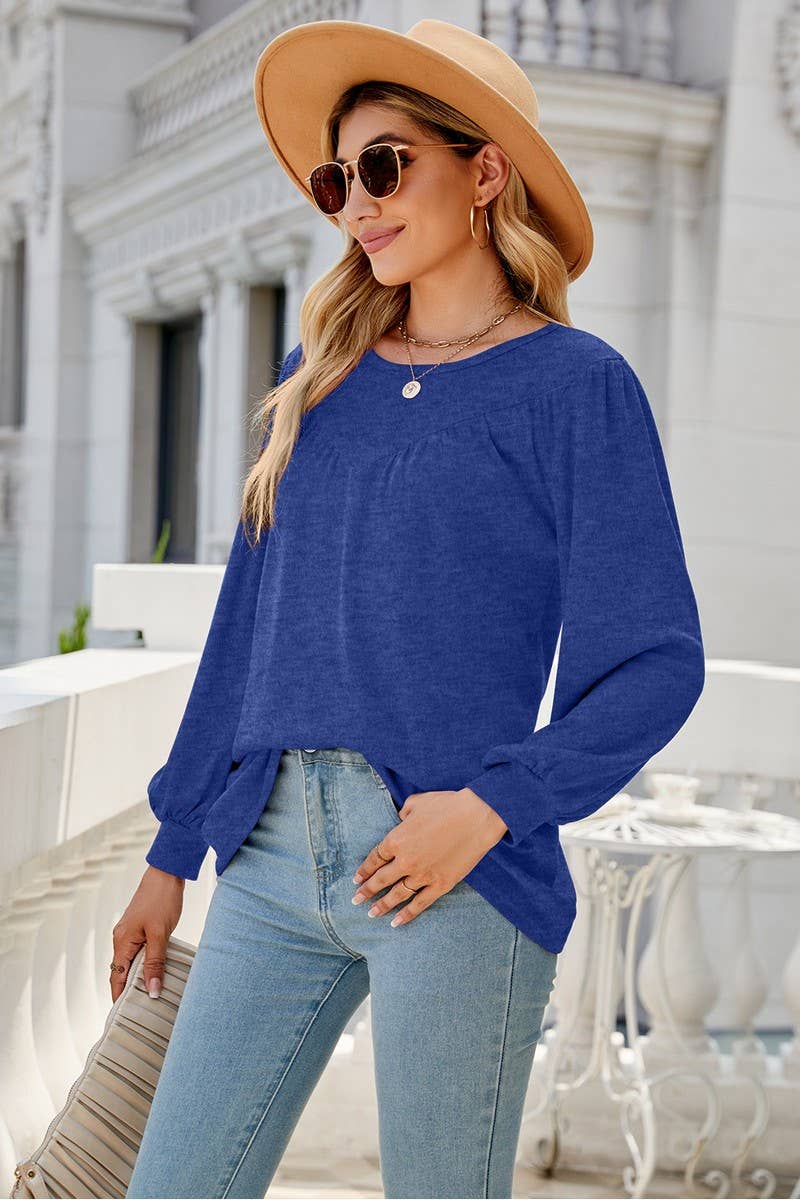 CWTBLL3690_LOOSE CREW NECK CASUAL PLEATED TOP