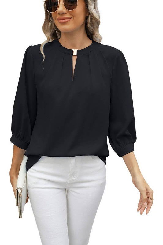 CWTBLL3673_KEYHOLE V NECK 3/4 SLEEVE LOOSE CHIFFON TOP