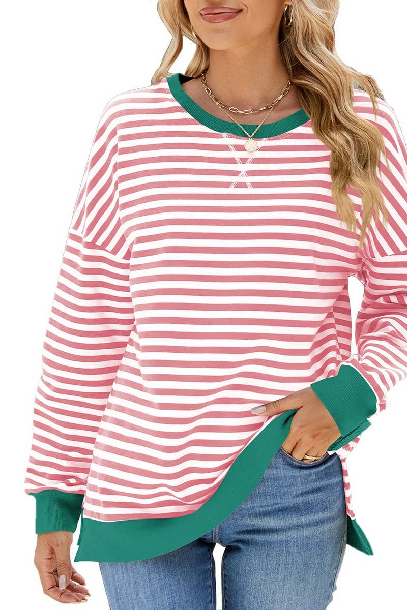 CWTBLL3746_CONTRAST COLOR SLIT LOOSE STRIPED SWEATSHIRT