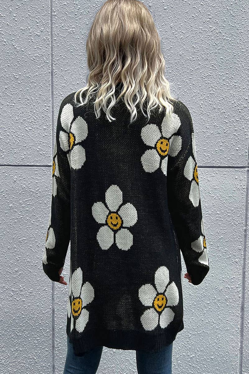 CWOSWL6813_FASHIONABLE FLORAL MID-LENGTH CARDIGAN