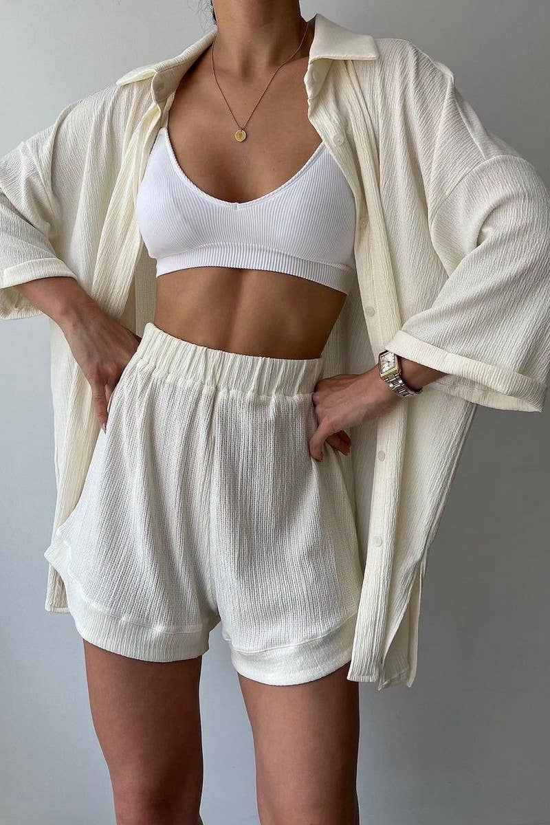 CWSTB1364_SOLID COLOR SLIT MID-SLEEVE SHIRT AND SHORTS SET