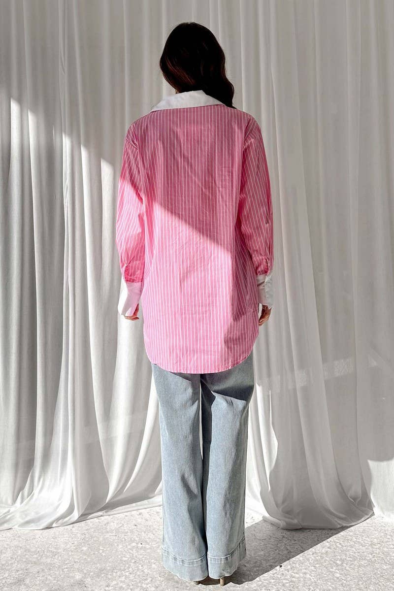 CWTBLL00718_LAPEL BLUE AND WHITE STRIPED COLORBLOCK SHIRT