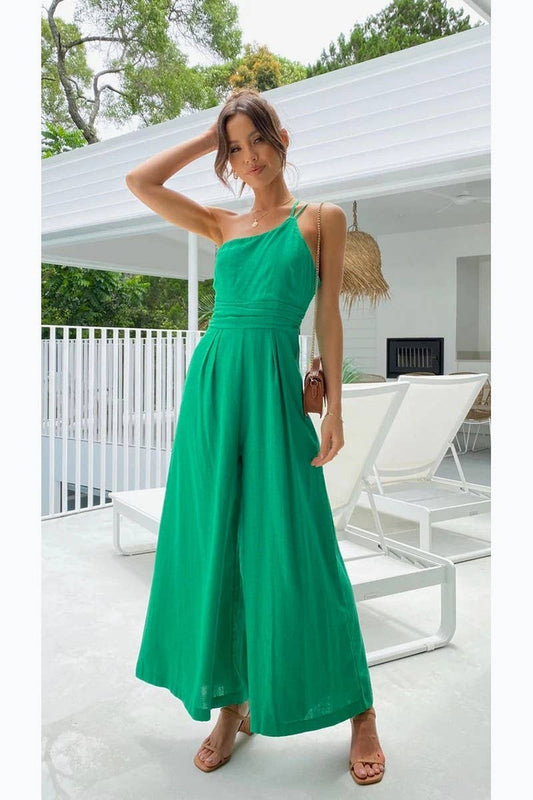 CWSJS1008_ONE-SHOULDER WIDE-LEG COTTON AND LINEN JUMPSUIT