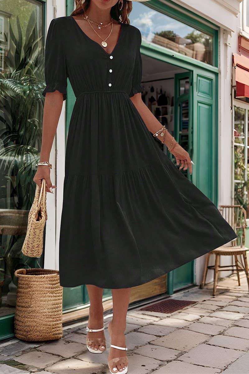 CWDMD2513_WAIST V-NECK SOLID COLOR DRESS