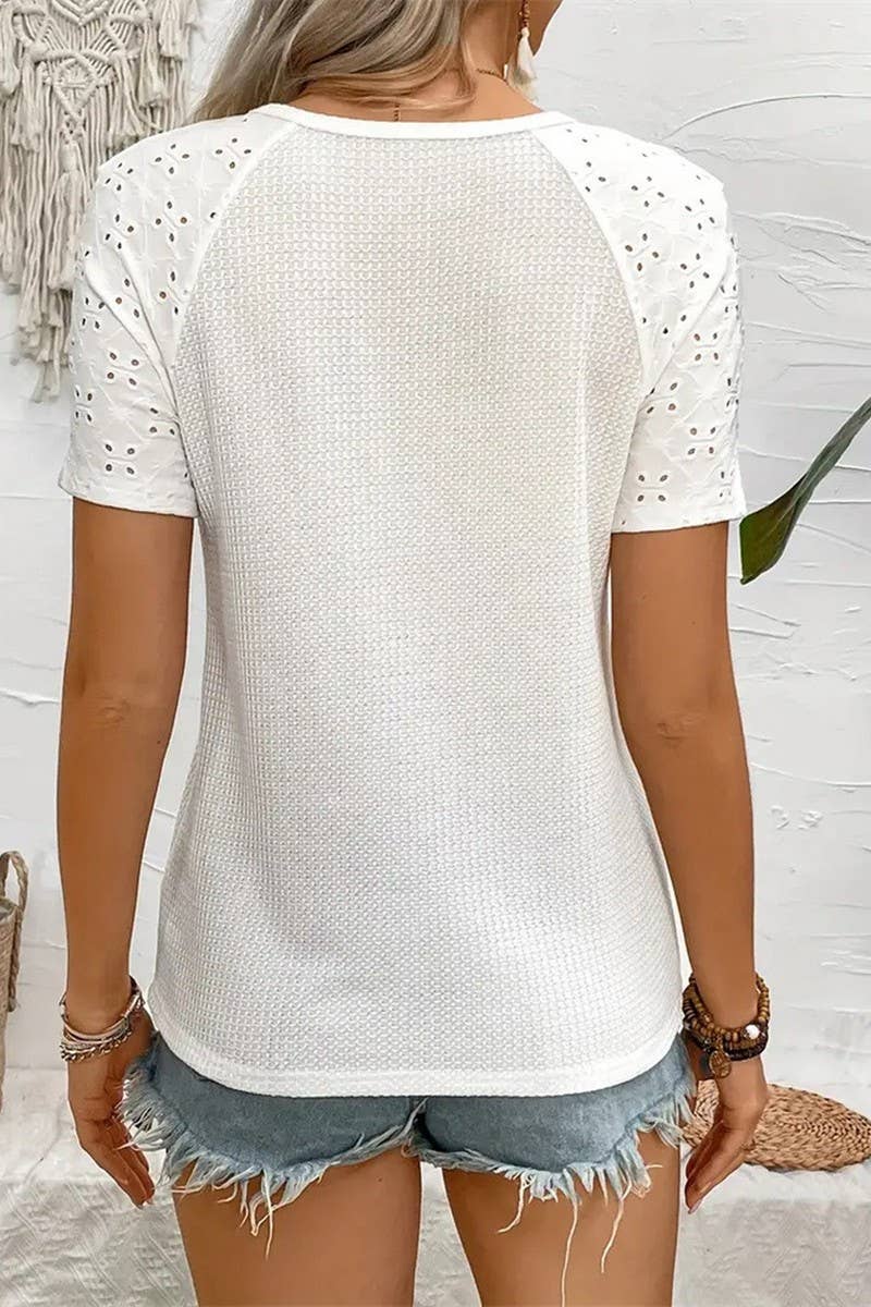 CWTBLS0697_JACQUARD KNIT HOLLOW PATCHWORK SHORT SLEEVE