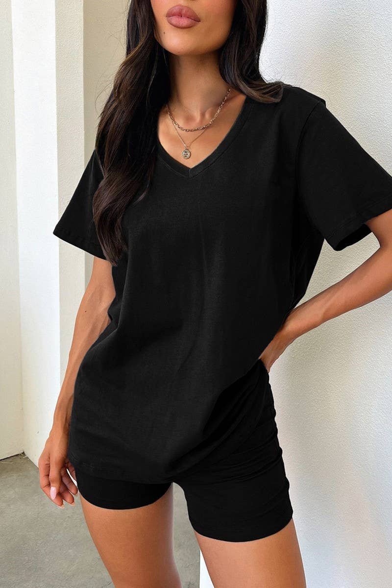 CWSS1080_V-NECK SOLID COLOR SHORT-SLEEVED SHORTS SUIT