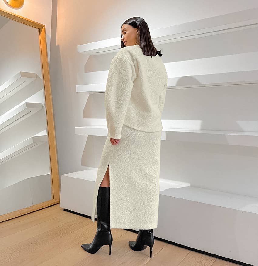 CWSTB1404_LAMB FLEECE HOODIE HIGH WAIST SPLIT SKIRT SET