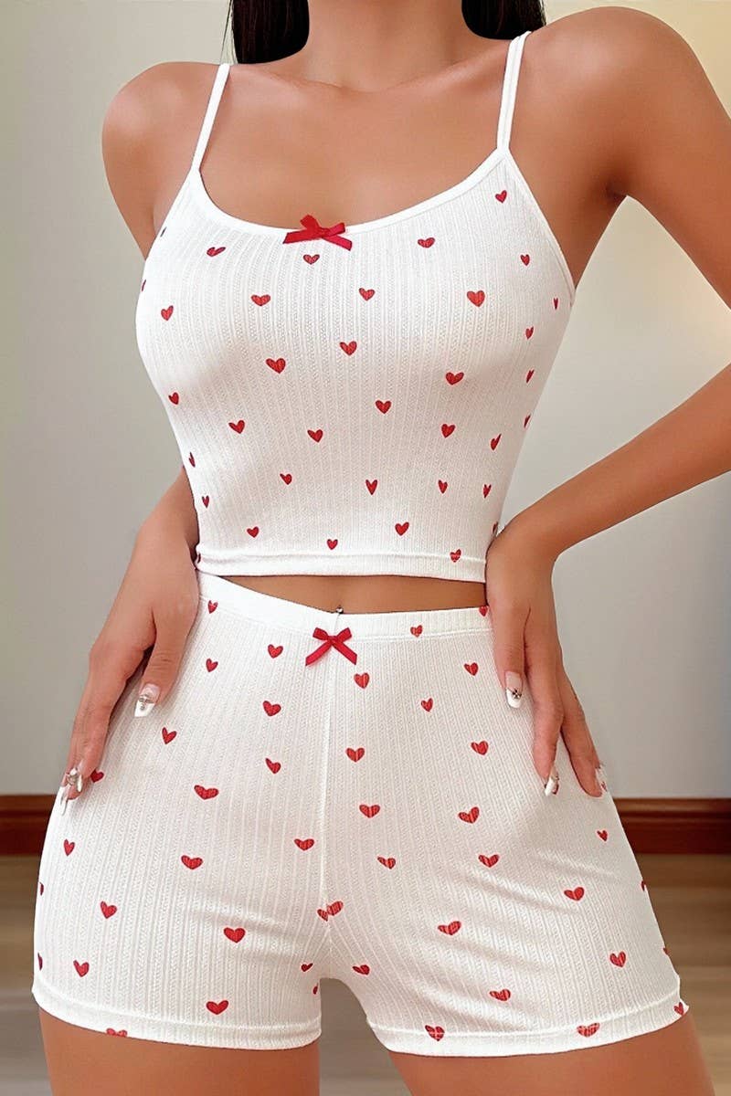 CWSPJ00495_HEART PRINT BOW TIE CAMI PAJAMA SET