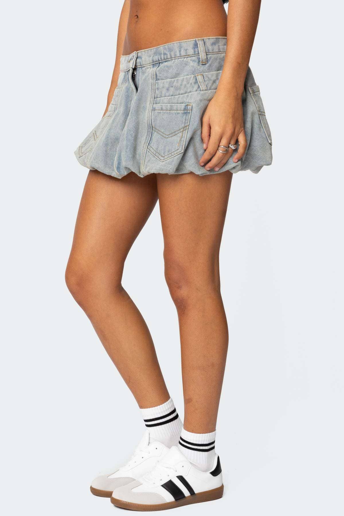 3D pocket vintage flared denim skirt