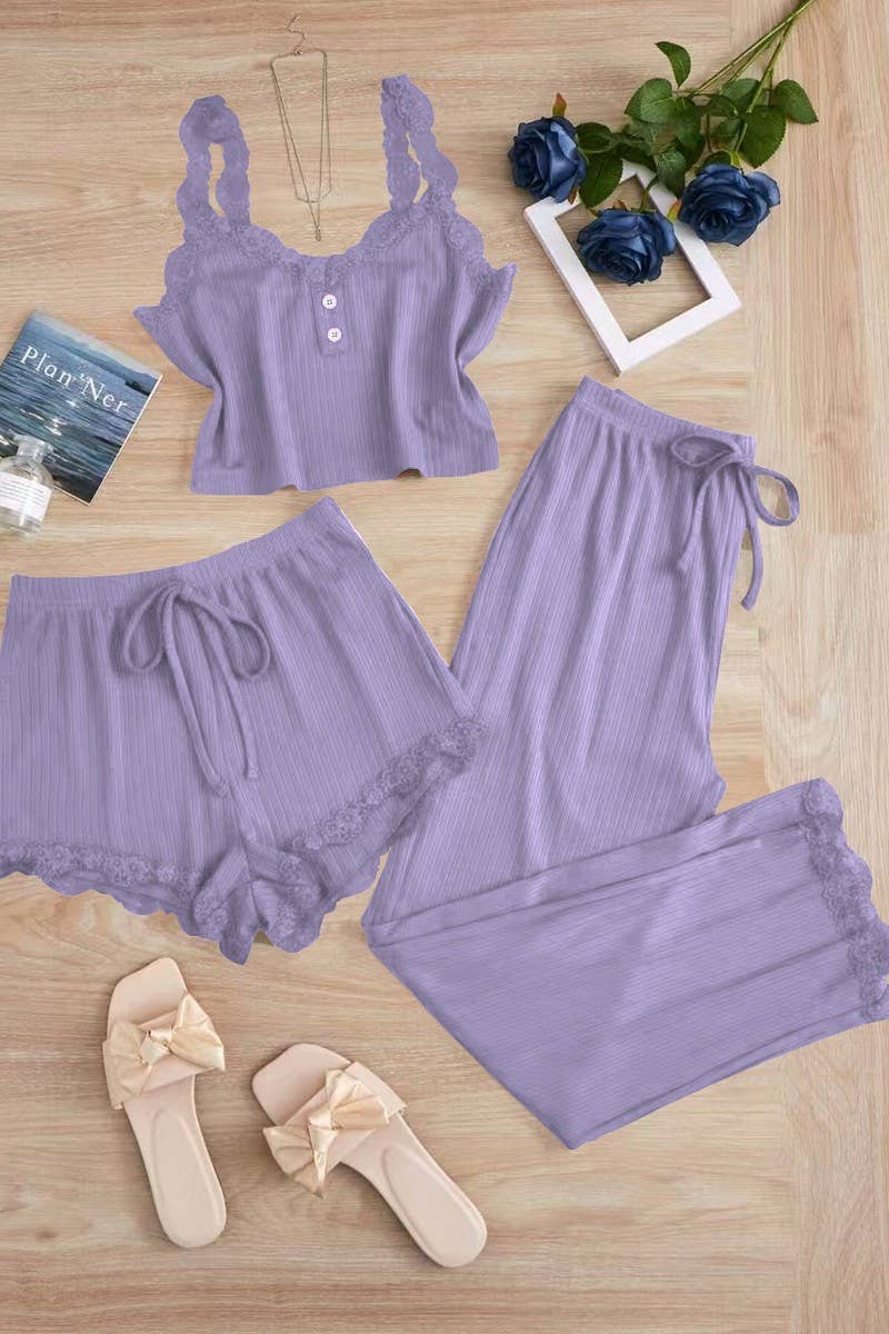 CWSPJ00474_LACE 3 PIECE SLEEPWEAR SHORTS PANTS SET