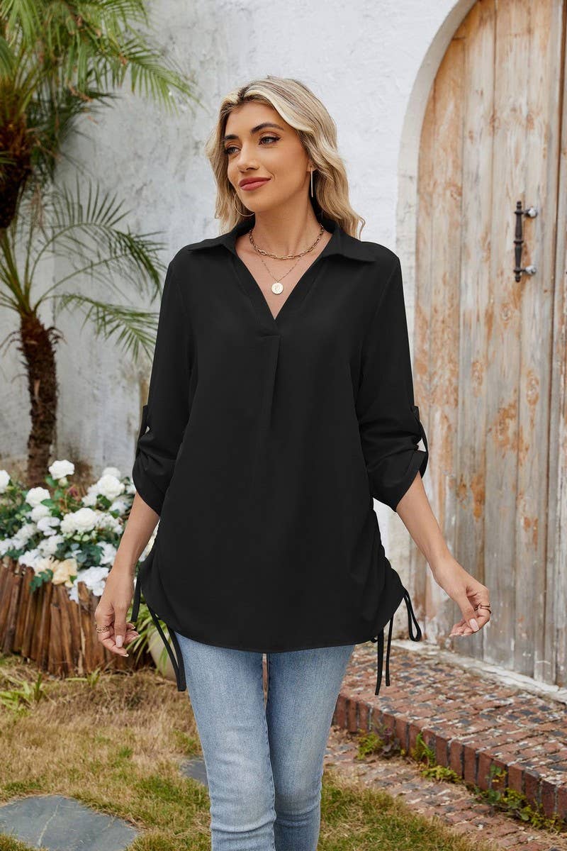 CWTBLL4020_SOLID COLLARED RUCHED 3/4 SLEEVE SHIRT DRESS TOP