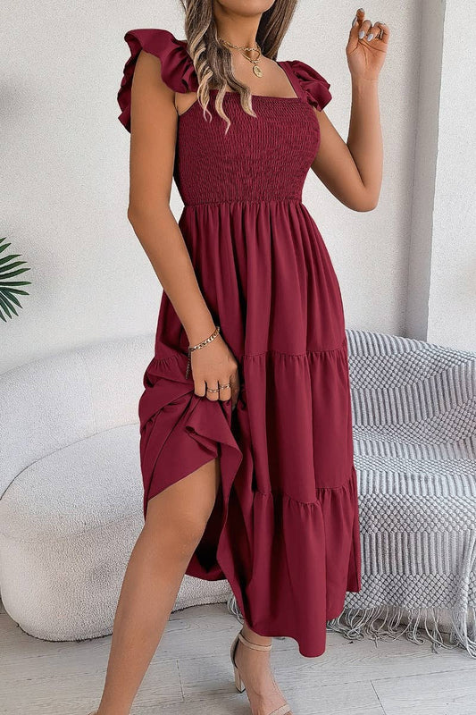 CWDMD2662_A-LINE DRESS WITH SQUARE COLLAR WOODEN EAR EDGE