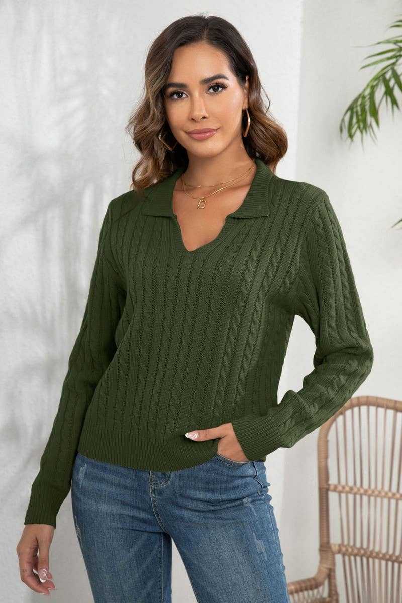 CWOSWL3873_SOLID COLOR LAPEL CABLE KNIT PULLOVER SWEATER