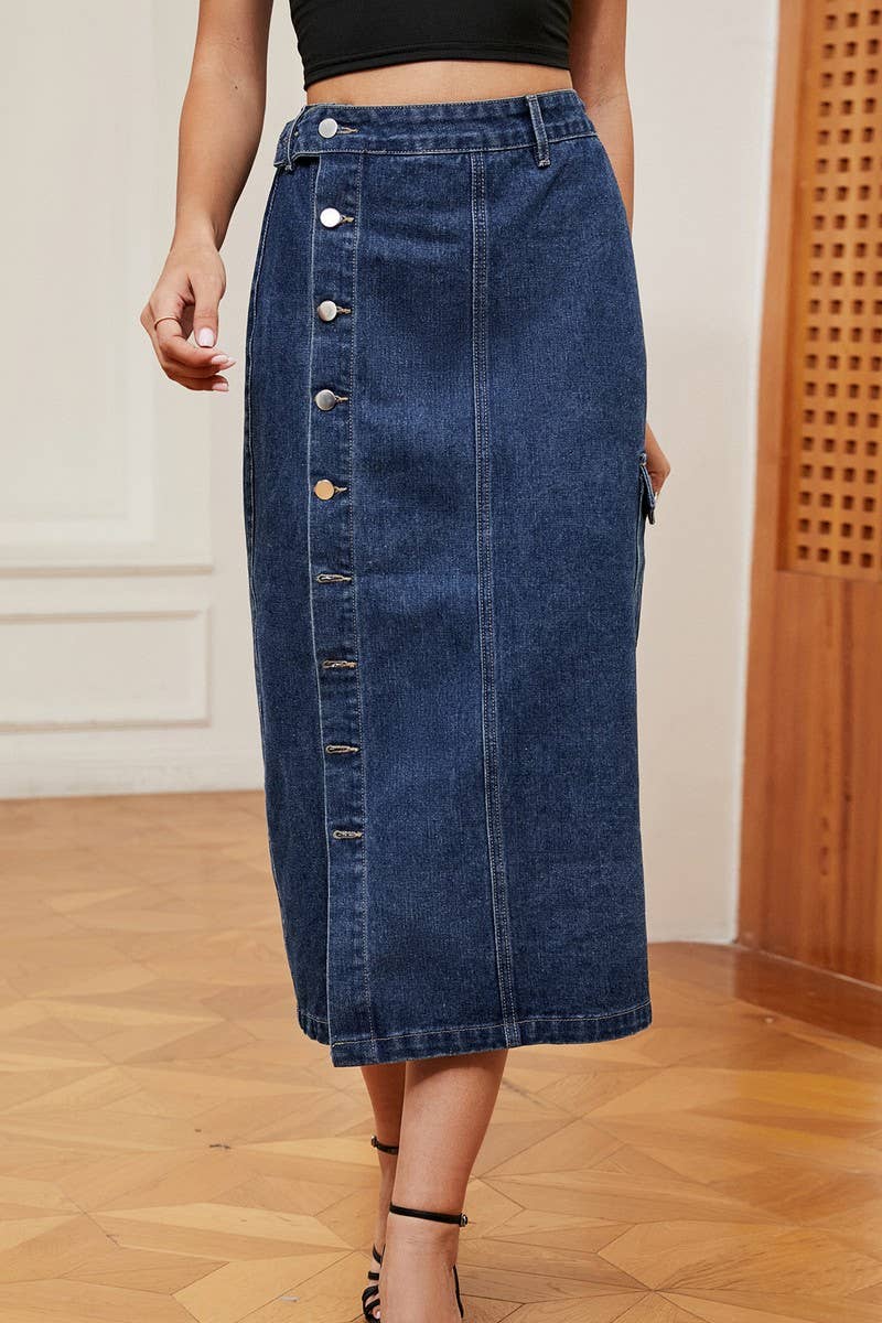 CWJSK00227_TRENDY HALF ELASTIC WAIST DENIM CARGO SKIRT