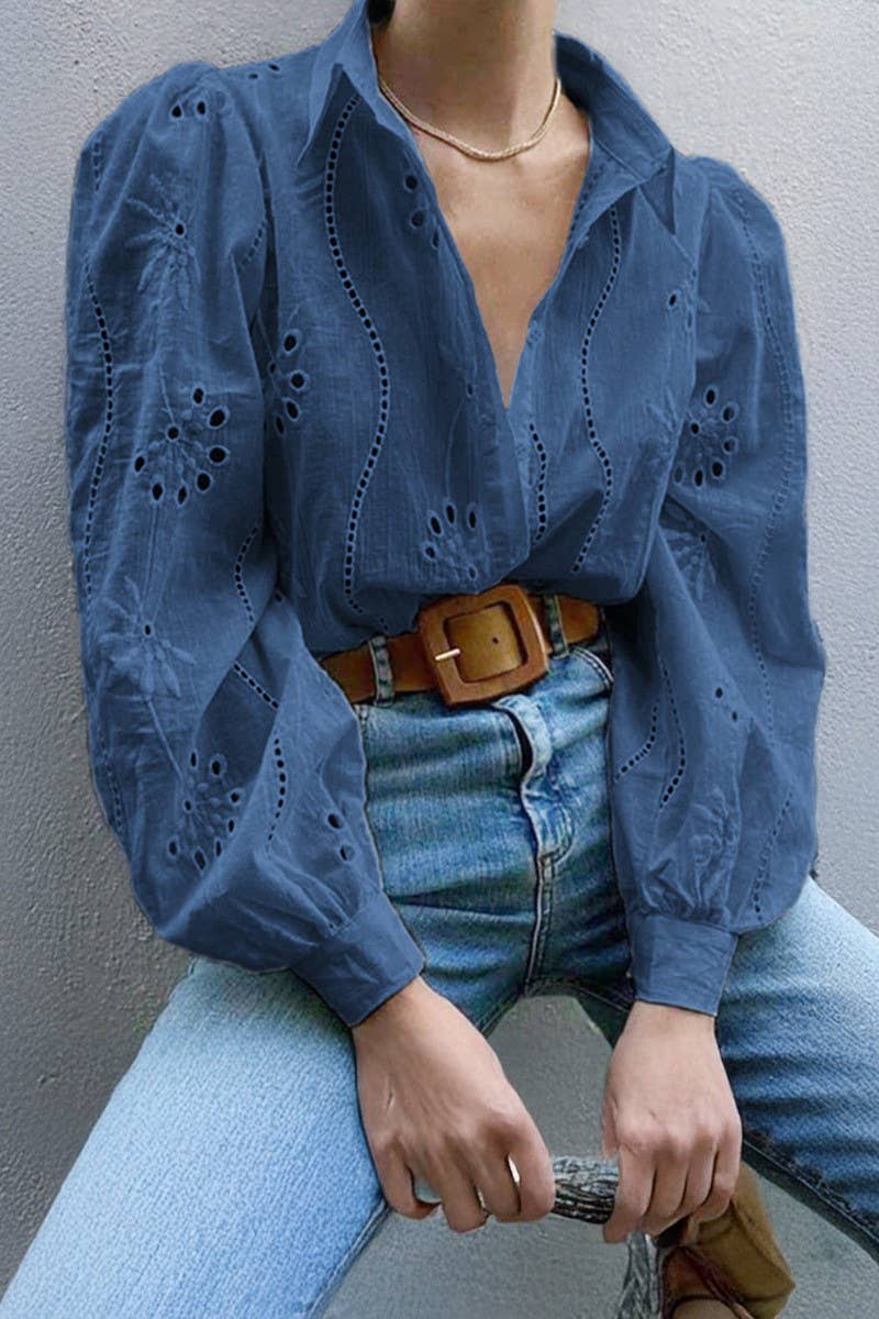 CWTSTL01000_CASUAL LOOSE HOLLOW OUT PUFF SLEEVE  TOP