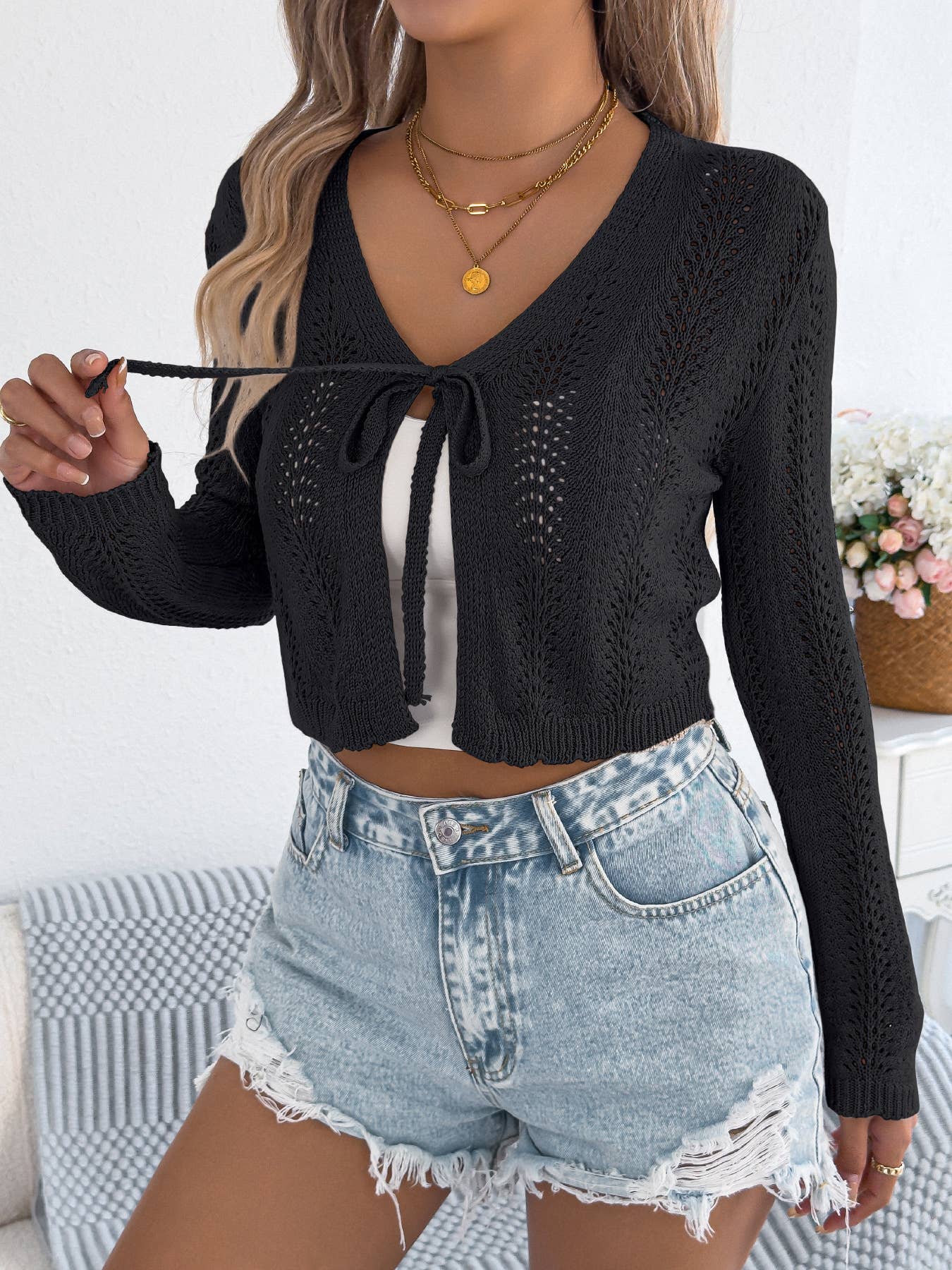 Casual lace-up,long-sleeved knitted cardigan