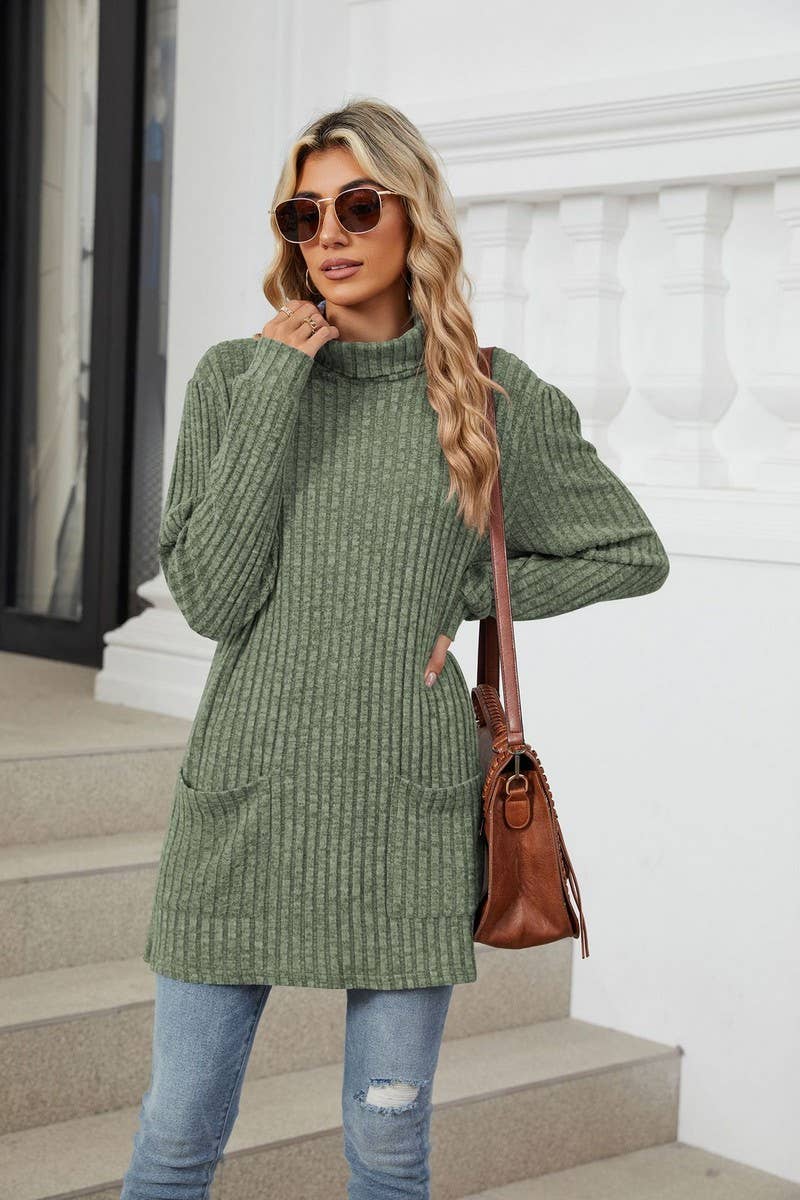 CWTBLL1856_HIGH NECK BRUSHED SOLID LONG SLEEVE POCKET TOP