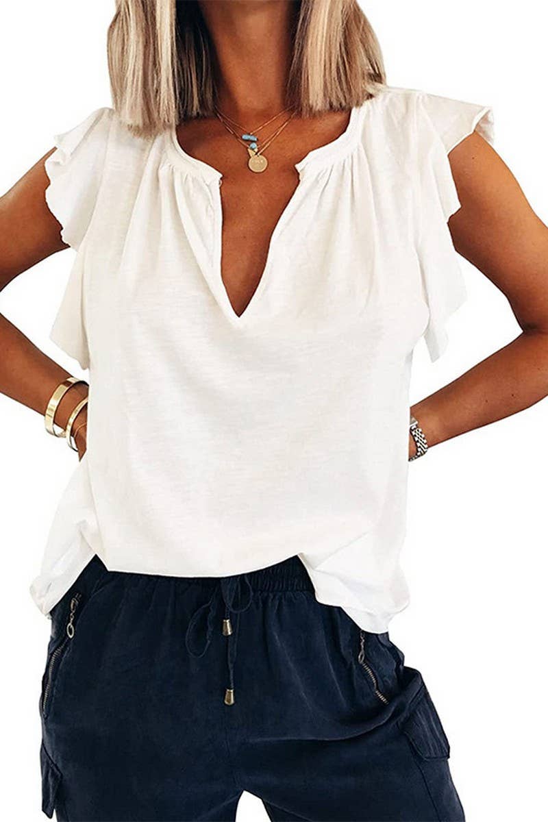 CWTBLS1791_V-NECK SHORT-SLEEVED LOOSE T-SHIRT TOP