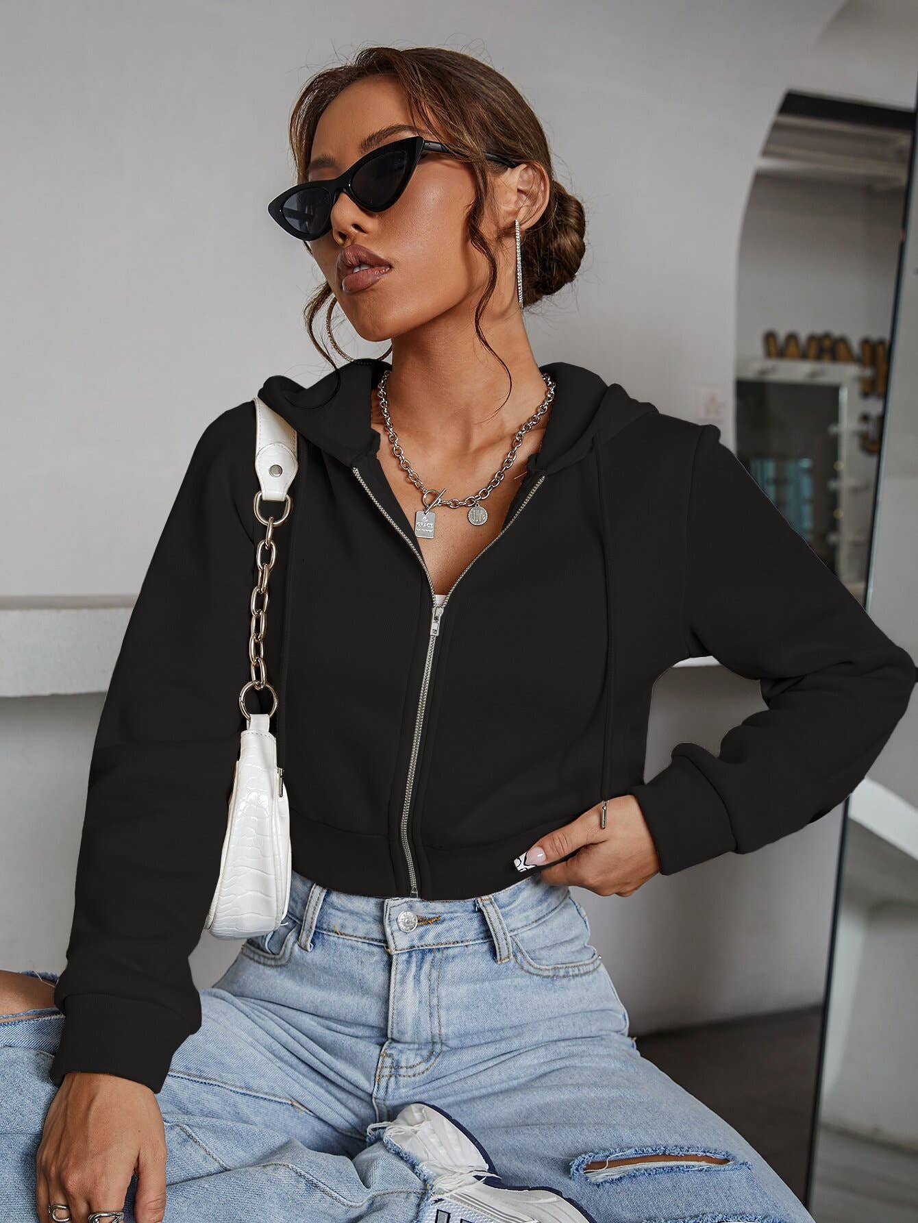 DESIGN HOODIE ZIPPER CARDIGAN CROPPED TOP