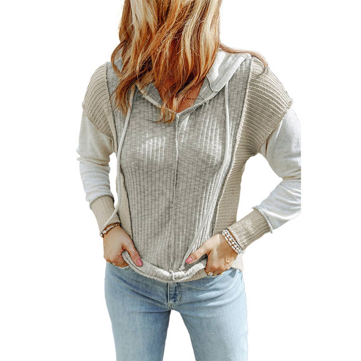 Casual textured patchwork knit hoodie with mixed colors