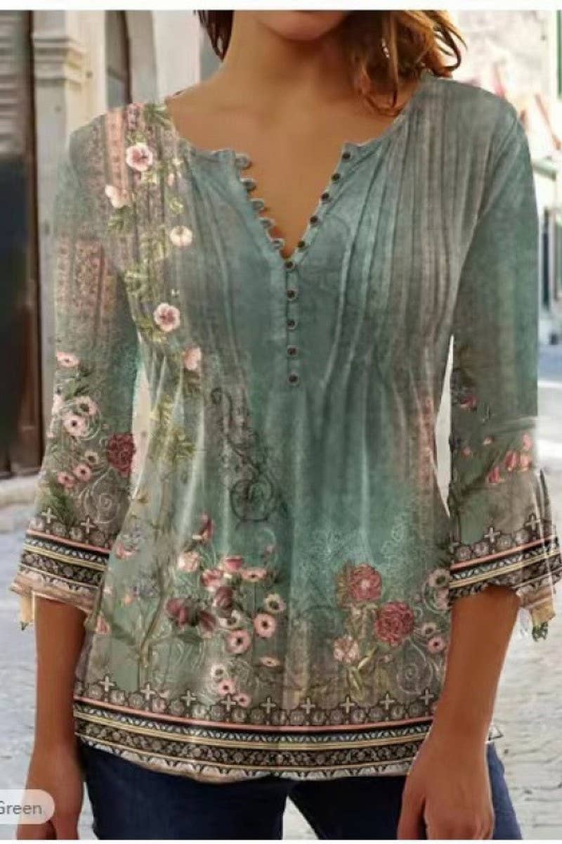 CWTTS1452_SPRING AND SUMMER V-NECK FLORAL BOTTOMING SHIRT