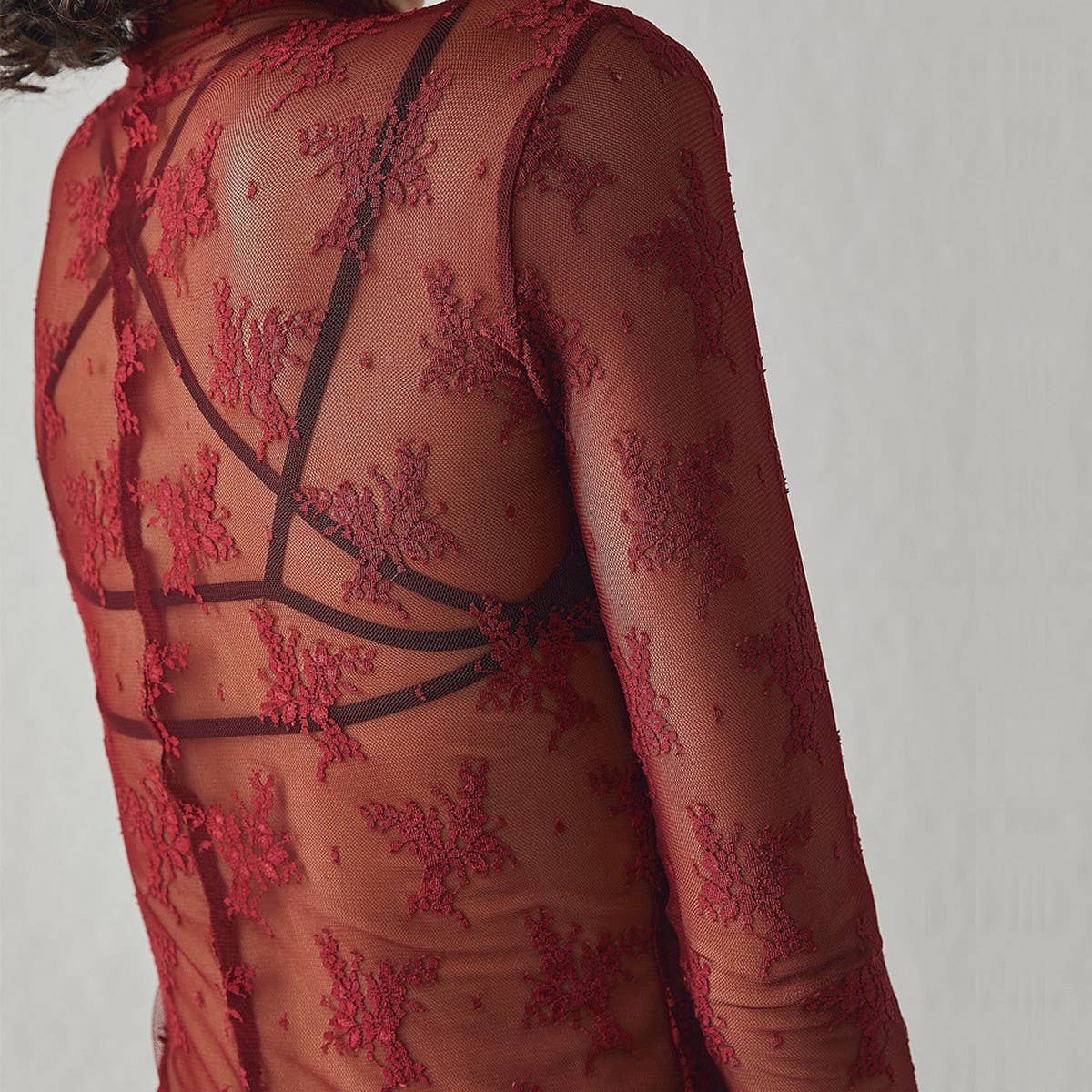SEMI SHEER MESH LACE TOP BOTTOMING SHIRT