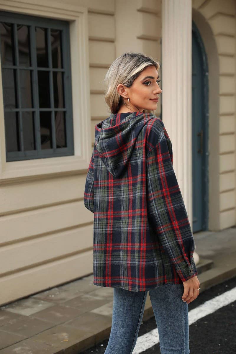 CWOHOL0721_CHECKED DRAWSTRING HOODED LONG-SLEEVED SWEATSHIRT