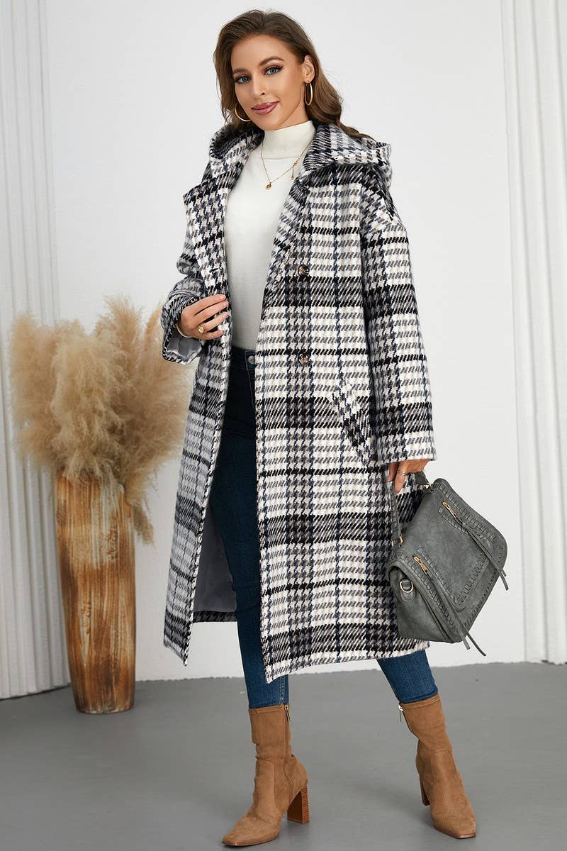 CWOCO0942_DOUBLE-BREASTED PLAID LAPEL LONG HOODED COAT