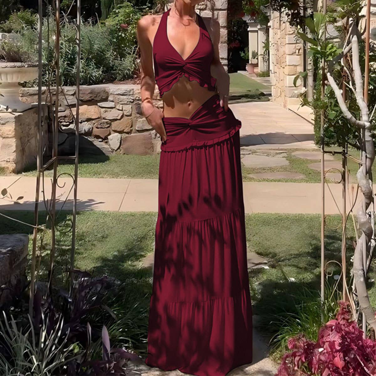 Crop cord pleated halter top and skirt set