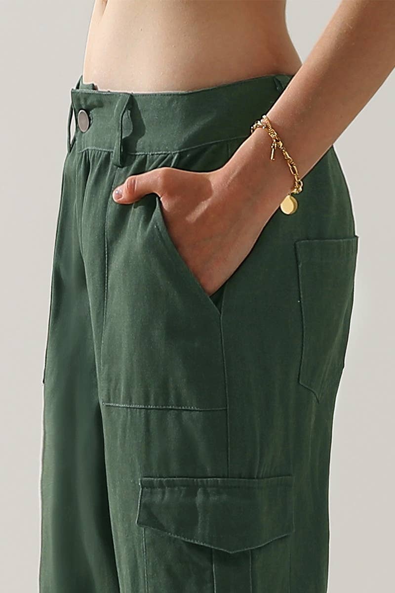 CWBLP421_Cargo Cotton Pants Wide Leg Casual Pants 4 Pockets