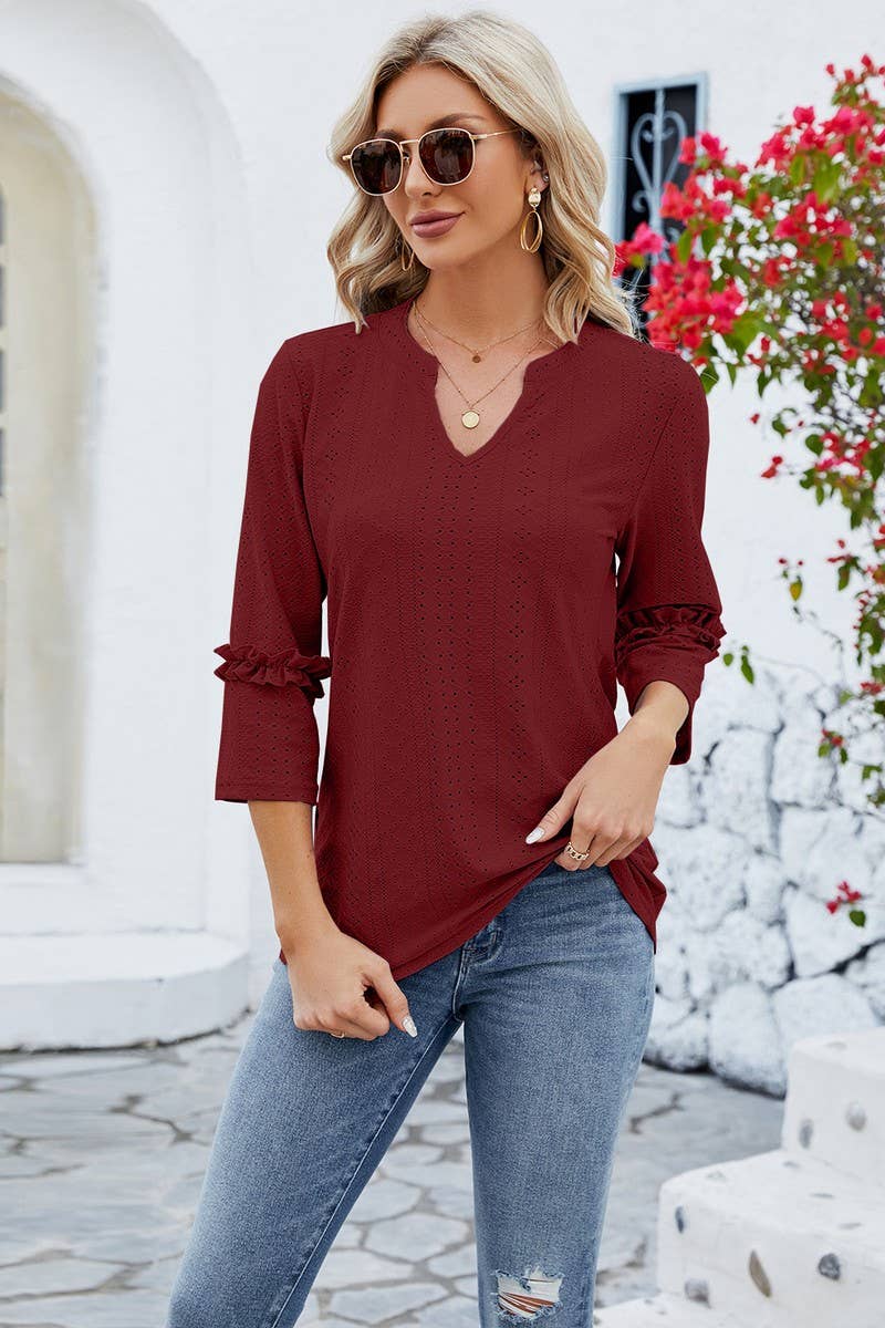 CWTTS0763_3/4 Sleeve Ruffle Detailed V-Neck  Blouse