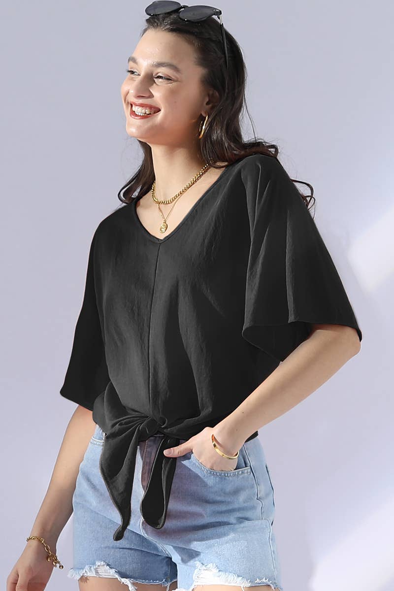 CWTTS700_V NECK TIE UP SHORT SLEEVE CASUAL COOL TOP