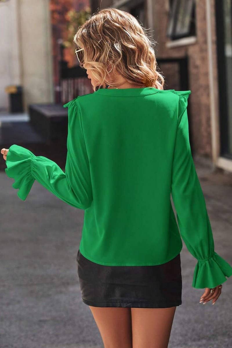 CWTBLL1422_SOLID COLOR V-NECK RUFFLED TEMPERAMENT SHIRT