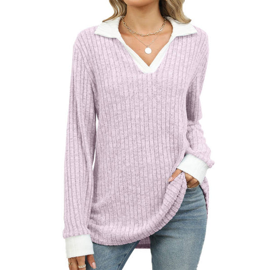 COLOR CONTRAST LAPEL LONG SLEEVE LOOSE T-SHIRT