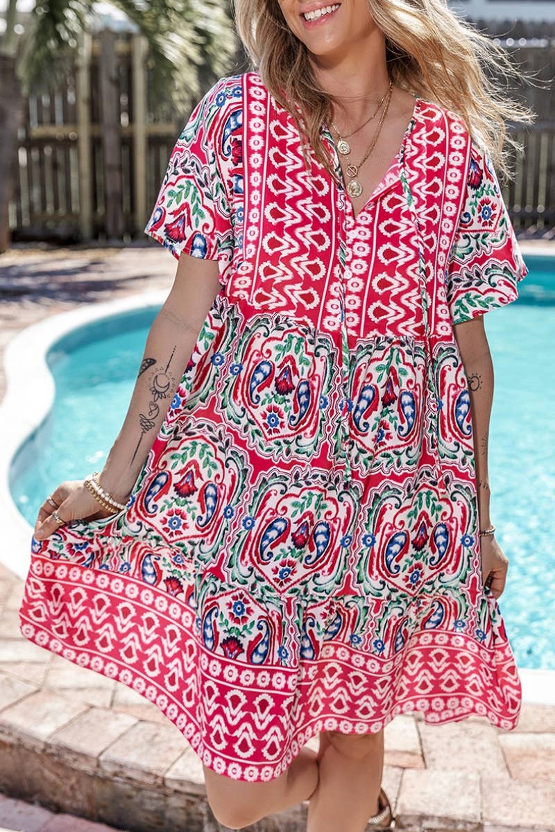 CWDMD2980_SUMMER BOHO PRINT V-NECK SHORT-SLEEVED DRESS