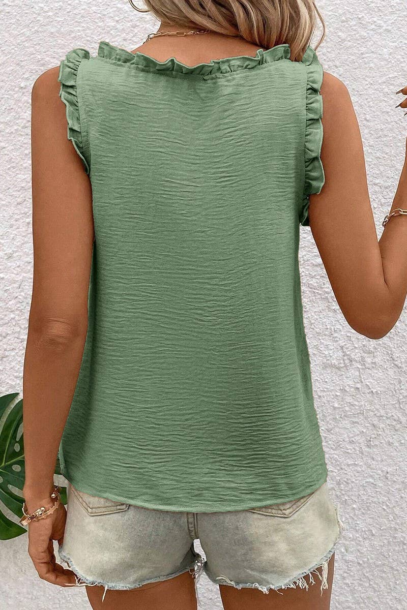 CWTTK0807_SOLID COLOR V-NECK RUFFLE SLEEVELESS TANK TOP
