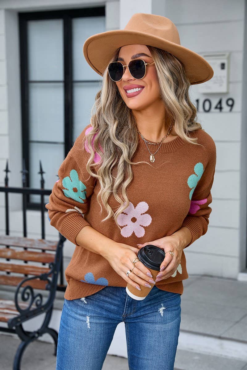 CWOSWL3074_FLORAL COLORBLOCK CASUAL CREWNECK SWEATER