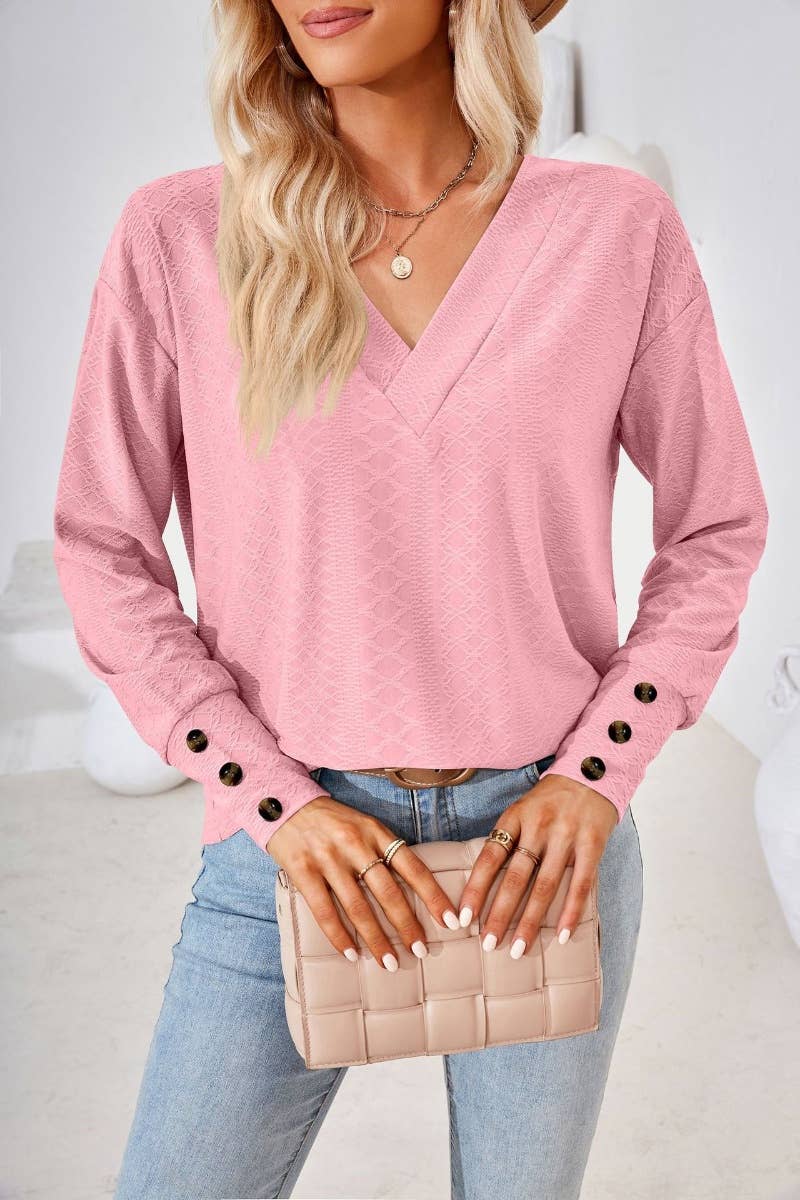 CWTBLL2806_SOLID COLOR V-NECK LONG SLEEVE BUTTON-UP TOP