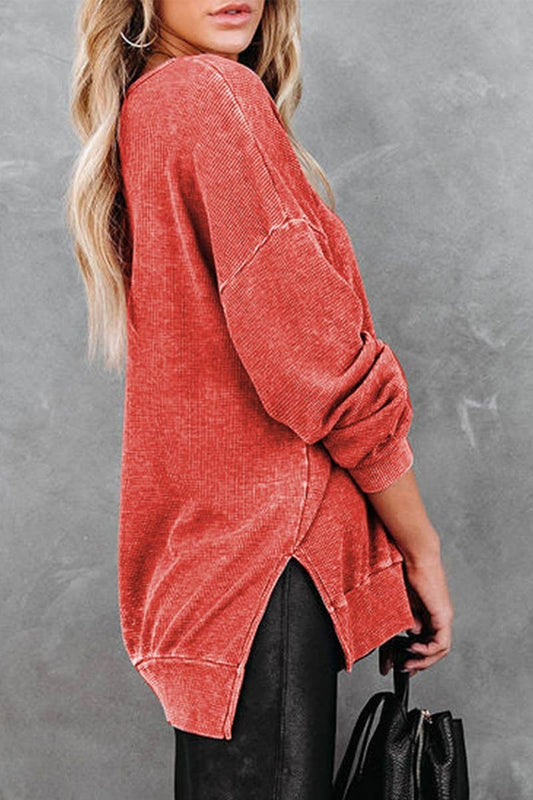 CWTBLL3047_SOLID COLOR CREW NECK LONG SLEEVE SPLIT TOP