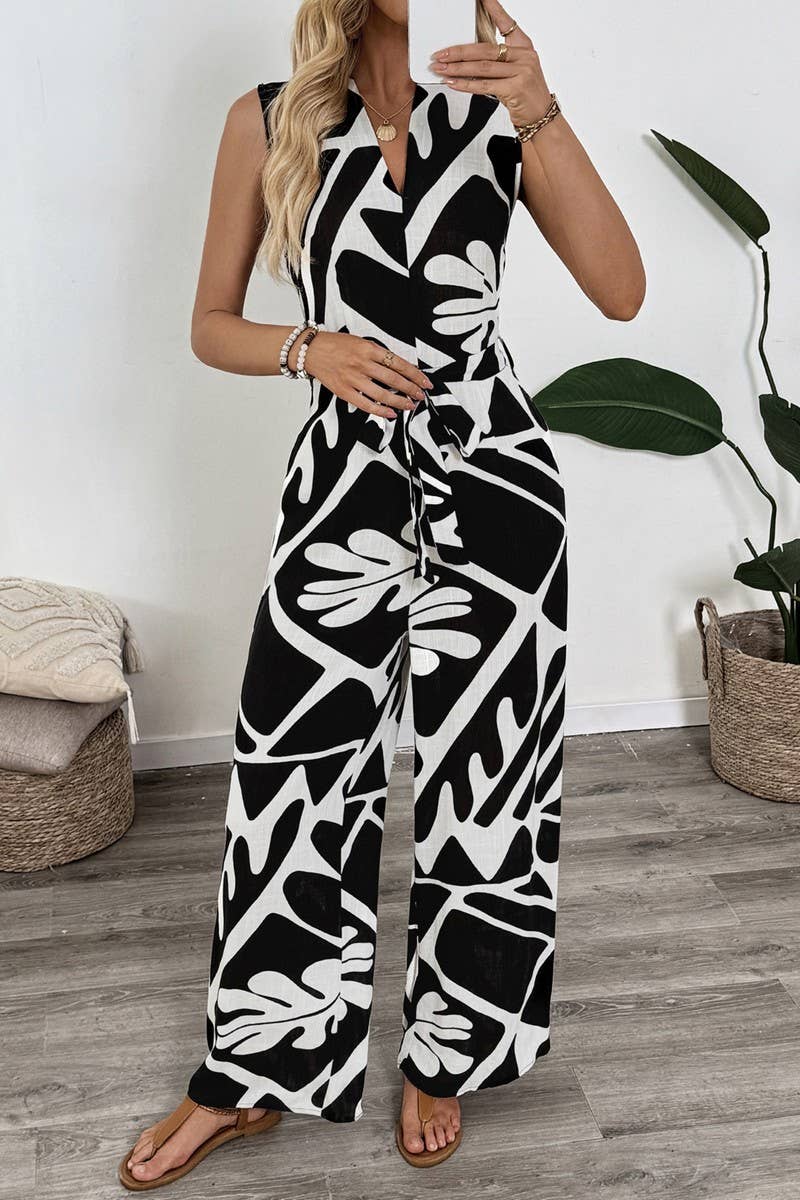 CWSJS1690_SLEEVELESS V-NECK PRINTED WORK JUMPSUIT