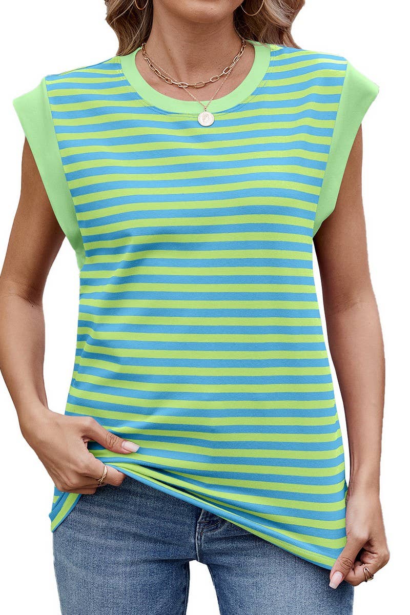 CWTTSL0320_SUMMER STRIPED ROUND NECK SHORT SLEEVE T-SHIRT