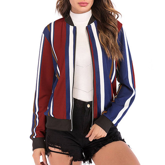 COLOR-MATCHING VERTICAL STRIPED BASEBALL JACKET