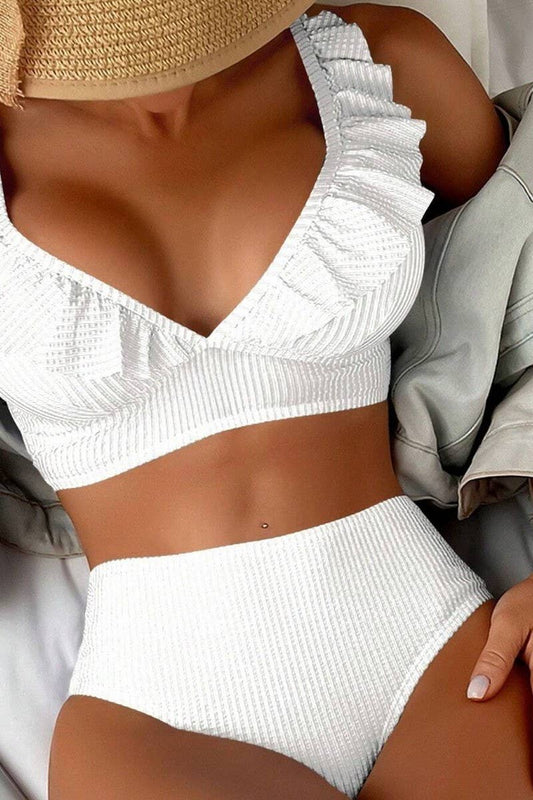 CWMW0898_STRIPED HIGH WAIST V-NECK RUFFLED BIKINI SWIMSUIT